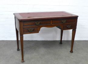 Edwardian mahogany desk, rectangular top with faux leather skiver, over an arrangement of four