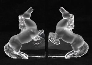 Lalique, a pair of frosted glass Kazak rearing horse bookends, signed 17 x 21cm. (2)