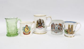 A collection of Royal commemorative mugs and tankards to include a moulded glass example to