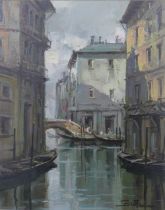 VENETIAN CANAL SCENE, oil on canvas board, signed indistinctly and framed under glass, 23 x 29cm