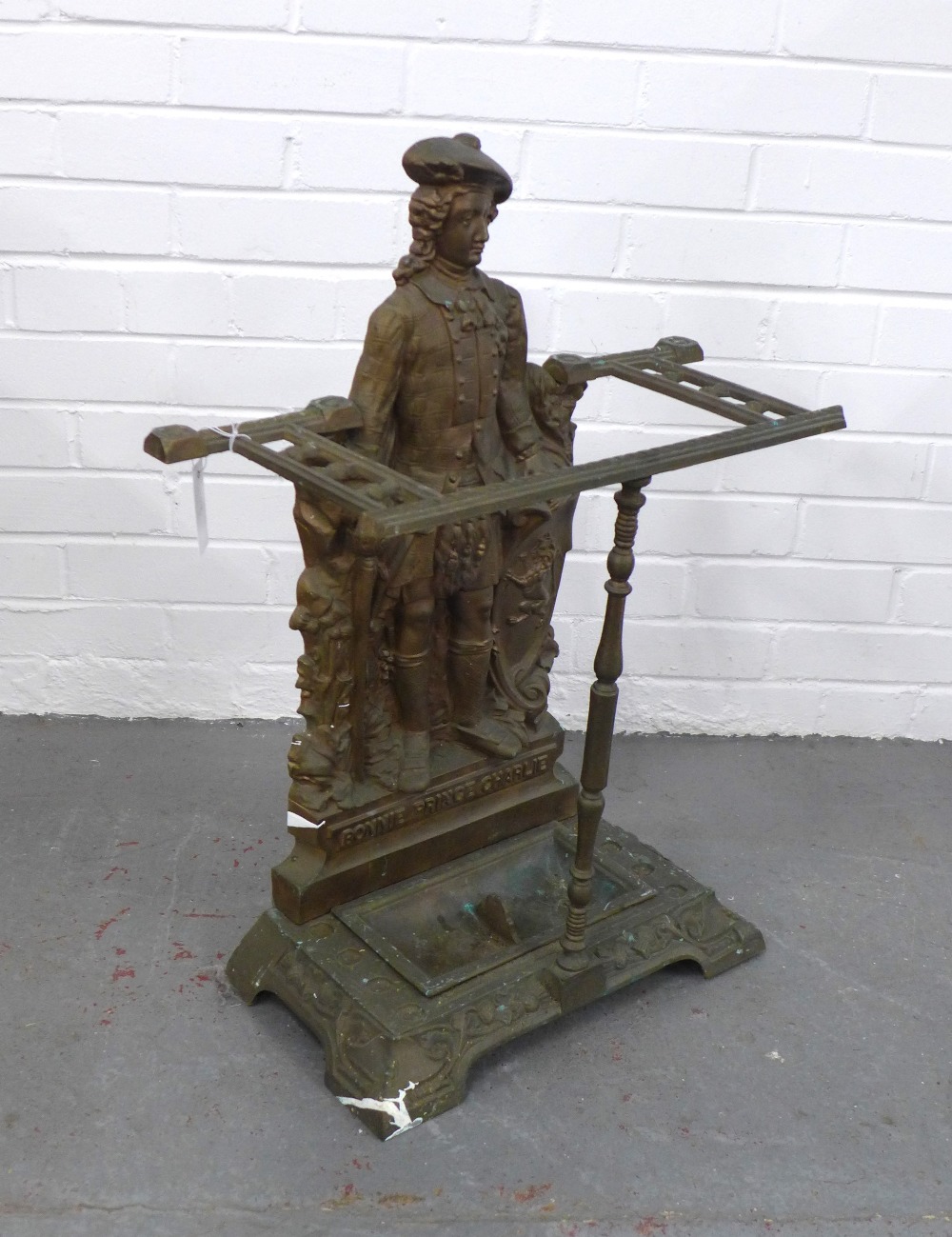 19th century Bonnie Prince Charlie cast metal stick stand, with figural backplate and two front - Image 2 of 4