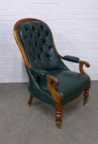 Mahogany framed open armchair, spoon back and stuff over seat with buttonback upholstery, 64 x 105 x