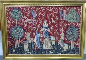 Lady and the Unicorn, large wool tapestry, in a gilt frame, size 110 x 75cm