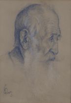 Early 20th century drawing of an elderly man, signed indistinctly, framed under glass, 24 x 35cm