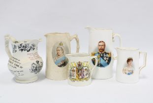 A collection of Royal commemorative jugs to include a King George IV whisky water jug (5) (a/f)