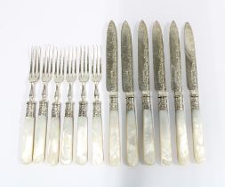 Set of six mother of pearl handled and Epns fruit knives and forks (12)