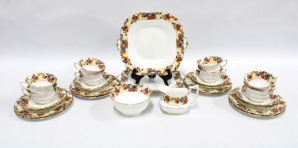 Aynsley china teaset with red and yellow floral border pattern, (28)
