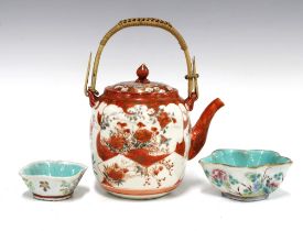 Japanese Kutani teapot and cover and two small Chinese famille rose dishes, (3) 15 x 15cm.