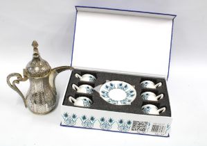 Turkish silver plated coffee pot, 25cm, together with a boxed set of Karaca Iznik espresso cups