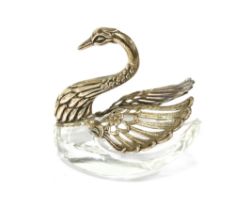 A silver mounted glass swan, stamped 800, 7cm high