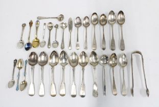 Quantity of silver teaspoons with mixed hallmarks, to include enamel & silver gilt spoons and silver