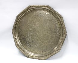Large Eastern silver plated tray, decagon shape with engraved floral pattern, fruit and vine