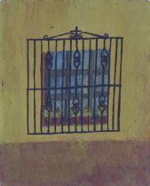 Small oil on canvas of a gated window in Mexico, signed indistinctly, unframed and inscribed