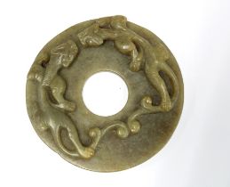 Jade Bi disc with Chi Dragons, 8.5cm diameter