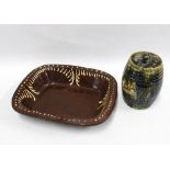Brown glazed slipware dish, rectangular and a Scottish Flour jar and cover (both a/f) (2)