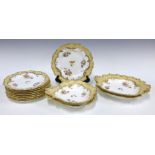 19th century Rockingham style handpainted dessert service with set of nine plates and four serving