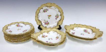 19th century Rockingham style handpainted dessert service with set of nine plates and four serving