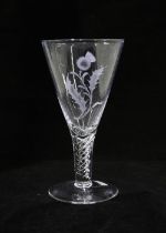 A large Jacobite Revival wine glass with thistle etched pattern and spiral stem, 10 x 19cm