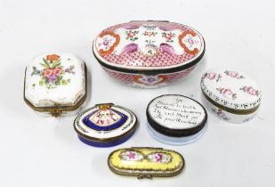 A group of six porcelain and enamel patch and snuff boxes, largest 9cm long (6)