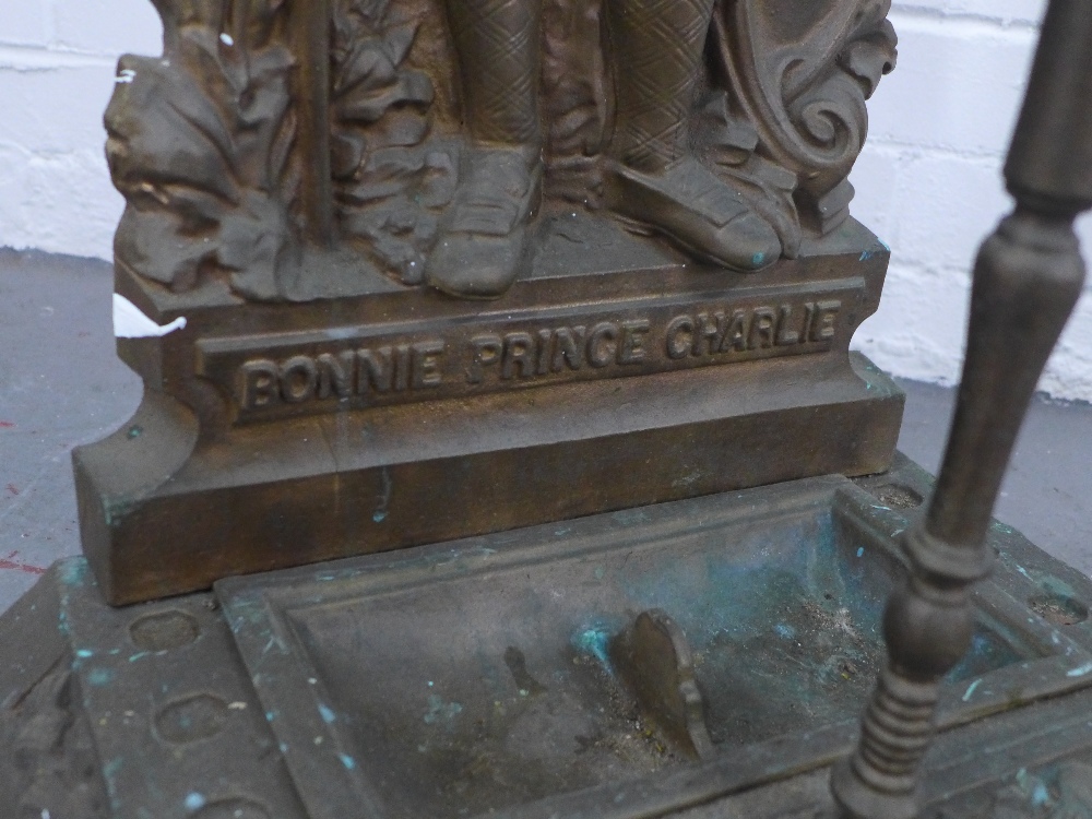 19th century Bonnie Prince Charlie cast metal stick stand, with figural backplate and two front - Image 3 of 4