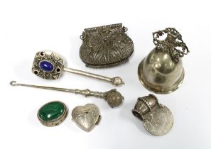 Two silver pill boxes, filigree purse, Arabic coin pendant, button hook and bell, etc (7)