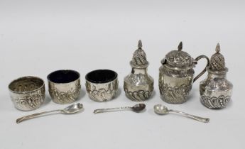 Victorian six piece silver condiment set with mustard, three salts and two pepper pots, Birmingham