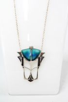 PAT CHENEY, Art Nouveau style silver and enamel pendant necklace, with original box