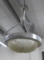 Moulded floral glass ceiling light marked 'Noverdy France Depose', in a circular metal frame