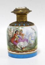 Porcelain scent flask / bottle with gilt metal mounts, likely French, 10cm high
