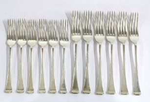 Set of six Mappin & Webb silver table forks and six matching smaller silver forks, Sheffield