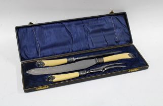 Three piece carving set with composite handles and white metal mounts, in fitted case