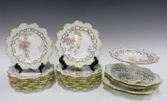 Royal Crown Derby porcelain dessert service, with handpainted floral sprays and wavy gilt edged