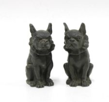 Two bronze patinated spelter French Bulldog figures with ruffle collars, 7cm (2)
