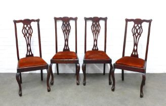 Set of four mahogany side chairs with interlaced splat backs and red upholstered slip in seats, 48 x
