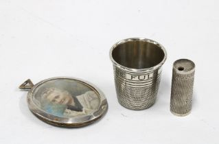 'Just a Thimble Full' novelty silver beaker, a small silver cylindrical box, perhaps for