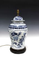 Large blue and white chinoiserie pottery table lamp base, 63cm