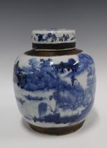 Chinese blue and white jar and cover with landscape pattern and brown scratch rims, 27cm