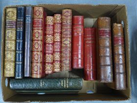 Collection of leather bound books, including Complete Works of Robert Burns, Blackwood Magazine,