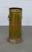 Brass and copper banded stick stand with lion mask ring handles, 26 x 48cm.