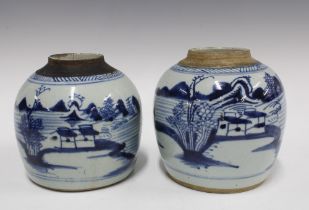 Two Chinese provincial pottery blue and white jars, 17cm (2)