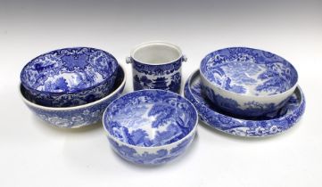 Collection of Staffordshire blue and white transfer printed pottery including five bowls, widest