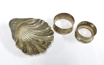 Victorian silver shell dish, Birmingham 1891 and two silver napkin rings (3)