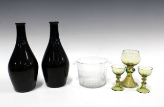 A pair of coloured glass decanter bottles, 24cm, a Georgian glass rinser and three small continental