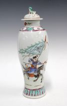 Chinese baluster vase and cover decorated with a warrior on horseback, 33cm