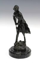After Auguste Moreau, a bronze figure of La Pecheuse, on a circular hardstone base, 28cm