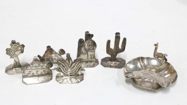 Set of six Mexican silver menu card holders by Sanborns, together with a white metal lobed dish with