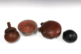 A collection of South American pottery to include two gourd vessels, a painted terracotta bowl, etc,
