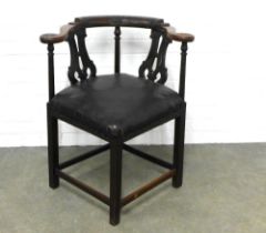 Mahogany elbow / corner chair, with wheatsheaf carved top rail and splat back, upholstered stuff