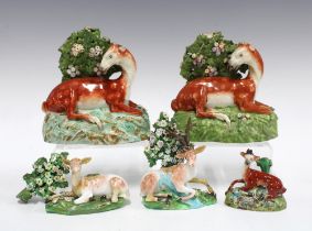 A group of five 19th century Staffordshire pottery deer (some damages) tallest 14cm (5)