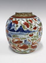 Chinese blue and white jar with iron red pattern of fish and foliage, (lacking its cover and with